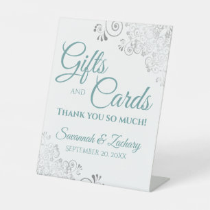 Wedding Gifts & Cards Silver Frills Teal on White Pedestal Sign