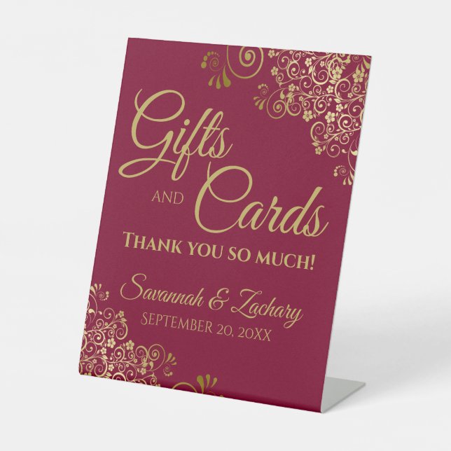 Wedding Gifts & Cards Thank You Burgundy & Gold Pedestal Sign (Front)