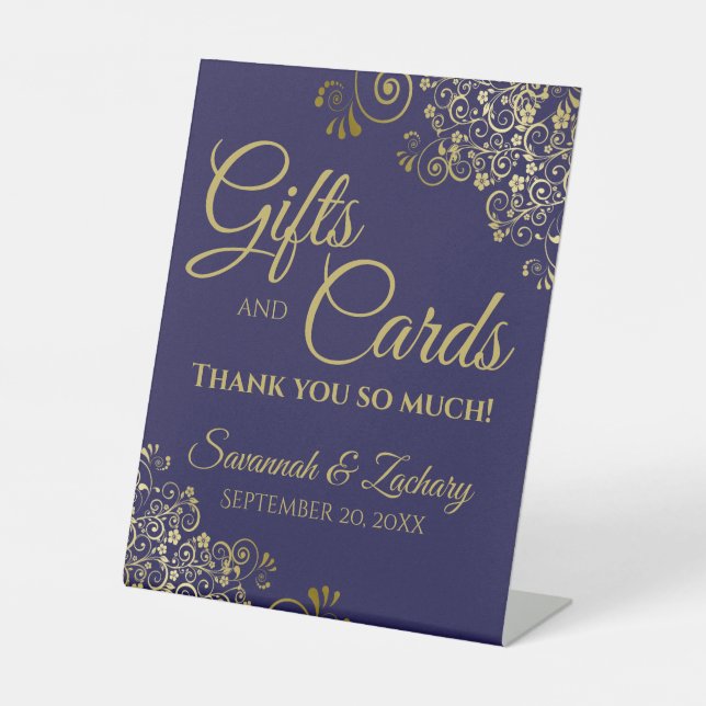 Wedding Gifts & Cards Thank You Gold on Navy Blue Pedestal Sign (Front)