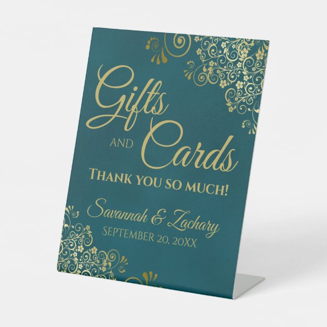 Wedding Gifts & Cards Thank You Teal & Gold Pedestal Sign (Front)