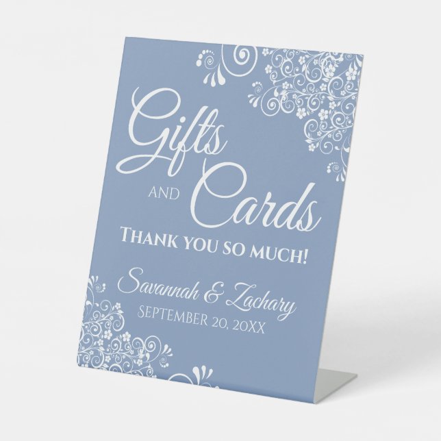 Wedding Gifts & Cards White Lace on Dusty Blue Pedestal Sign (Front)