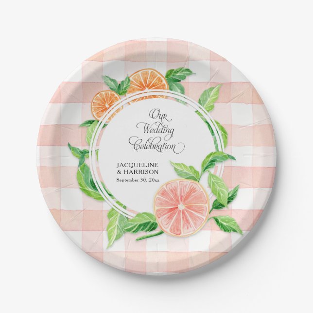 Wedding Gingham Farm Pink Striped Citrus Orange Paper Plate (Front)