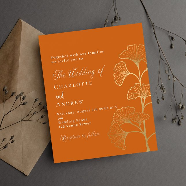 Wedding ginkgo leaf orange gold budget invitation flyer (Creator Uploaded)