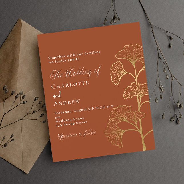 Wedding ginkgo leaf terracotta budget invitation (Creator Uploaded)
