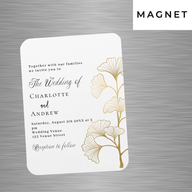 Wedding ginkgo leaf white gold luxury invitation magnet (Creator Uploaded)
