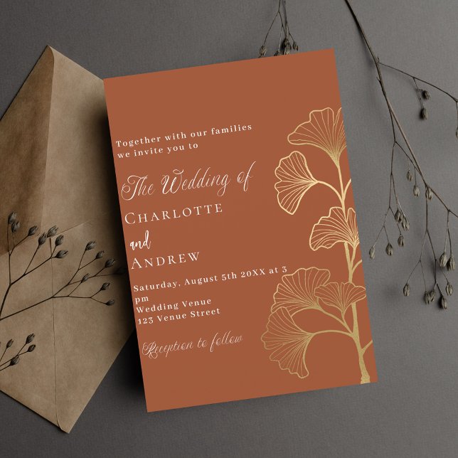 Wedding ginkgo leaves terracotta brown gold invitation postcard (Creator Uploaded)