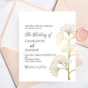 Wedding ginkgo leaves white gold budget invitation