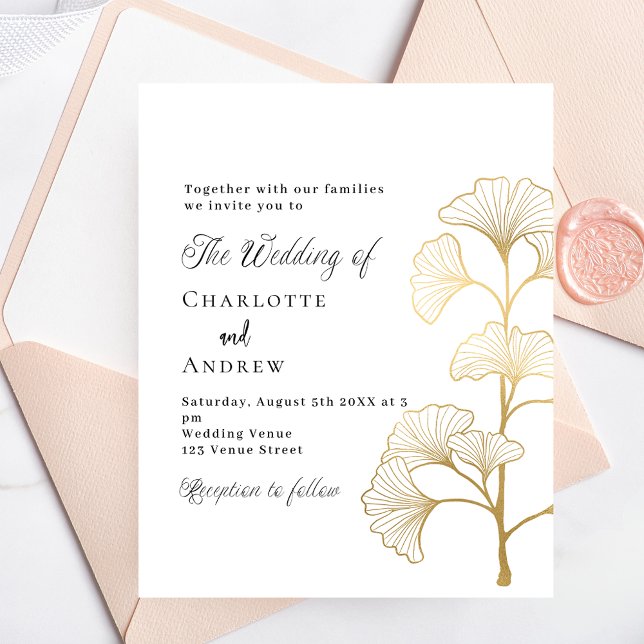 Wedding ginkgo leaves white gold budget invitation flyer (Creator Uploaded)