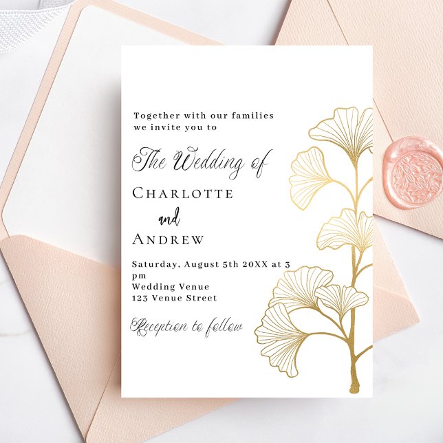 Wedding ginkgo leaves white gold script invitation postcard (Creator Uploaded)