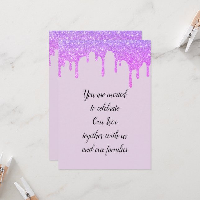 Wedding glam drips sparkling pink purple  invitation (Front/Back In Situ)