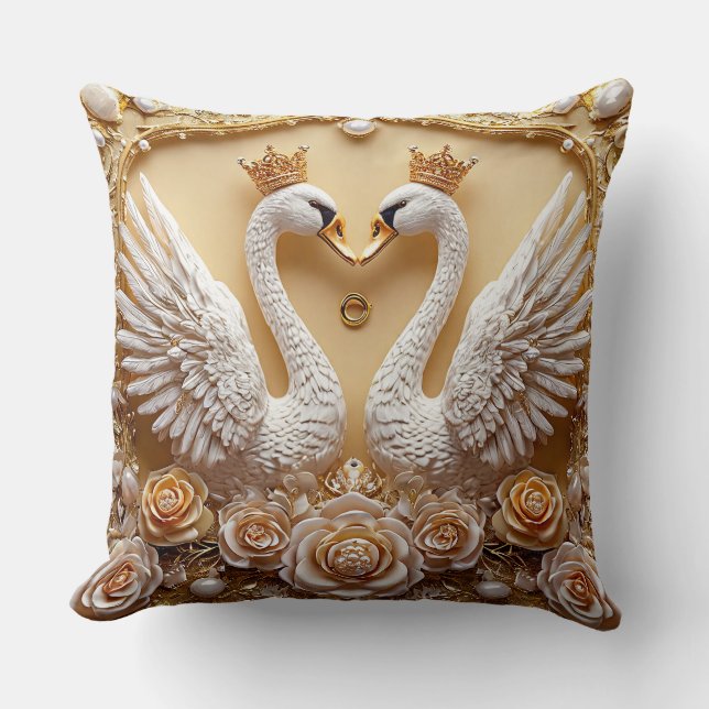 Wedding Glamourous Swans Gold Pearl Jewelled gift Cushion (Front)