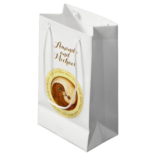 WEDDING GLOSSY GIFT BAG small. Gold YinYang doves (Front Angled)
