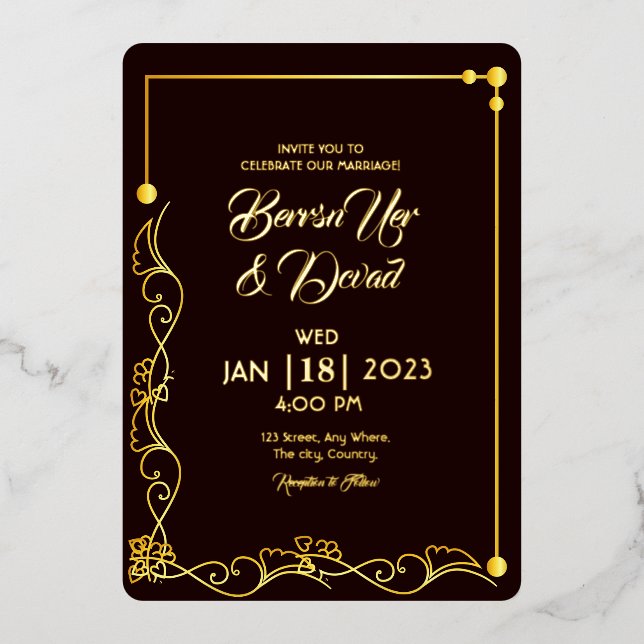 Wedding Gold and black invitation gold foil card (Front)