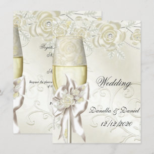 Wedding Gold Cream Pearl Floral Roses 2 Invitation