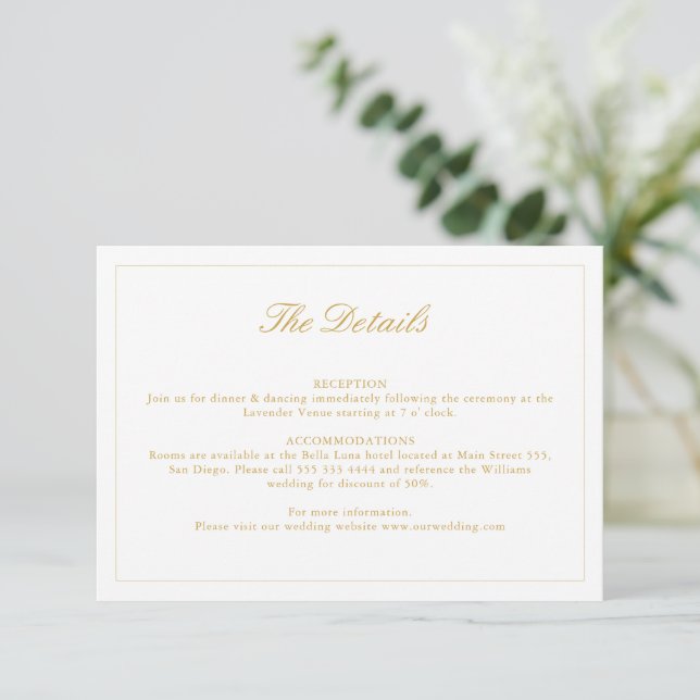 Wedding Gold Crest Monogram Details Card (Standing Front)