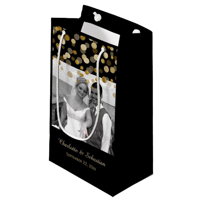 Wedding Gold Faux Glitter Dots Custom Small Gift Bag (Front Angled)