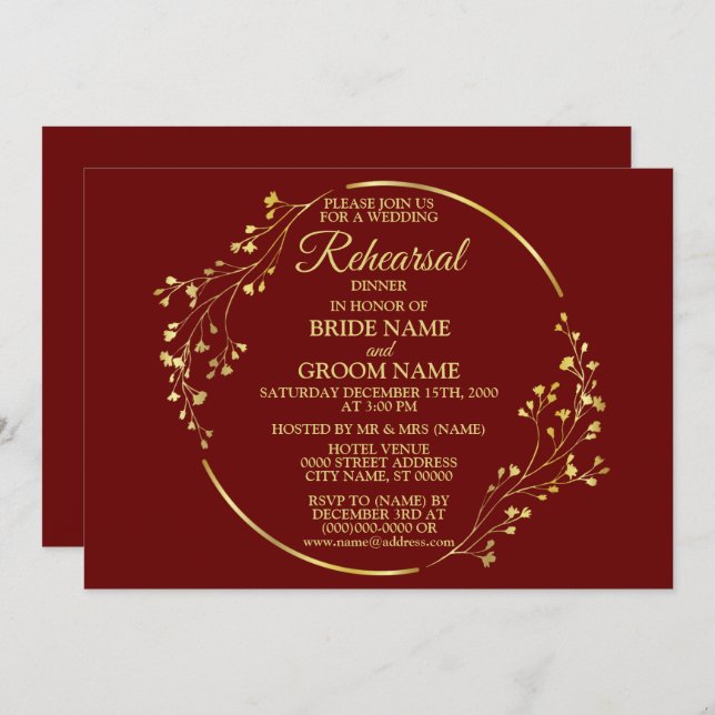 Wedding Gold Floral Wreath Red Rehearsal Dinner Invitation (Front/Back)