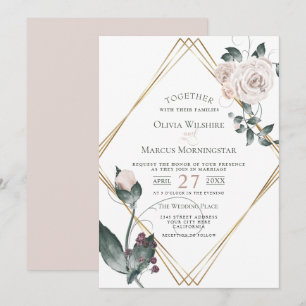 Wedding Gold Frame Pale Pink Watercolor Roses Invitation