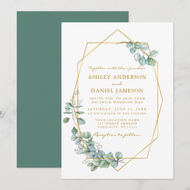 Wedding Gold Frame Watercolor Eucalyptus Greenery Invitation (Front/Back)