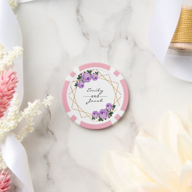 Wedding Gold Glitter Geo Purple Floral Names Date Poker Chips (Wedding)
