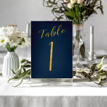 Wedding gold glitter navy elegant table number<br><div class="desc">Faux gold foil formal calligraphy script wedding reception table card. The navy blue background colour is editable. You can change it after selecting CUSTOMIZE FURTHER button.
You can find the whole range of numbers ( 1 - 50) here: http://bit.ly/2sLMaFh</div>