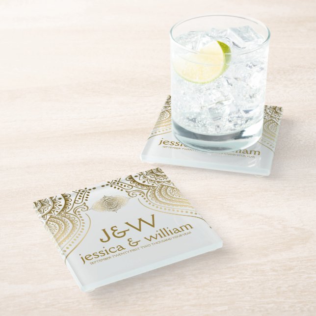 Wedding Gold Lace Custom Background Glass Coaster (Angled)