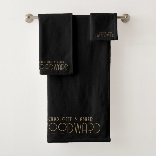 Wedding Gold Monogram Newlyweds Black Bath Towel Set (Insitu)