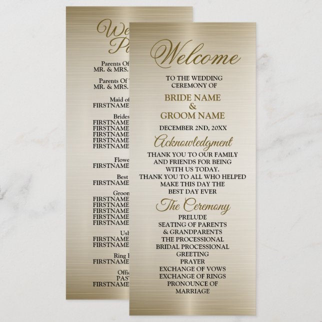 Wedding Gold Ornate Rectangle Dimond Flowers Shiny Programme (Front/Back)