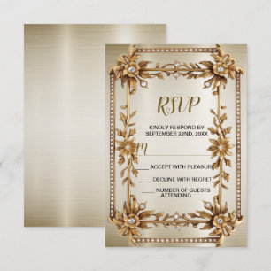 Wedding Gold Ornate Rectangle Dimond Flowers Shiny RSVP Card