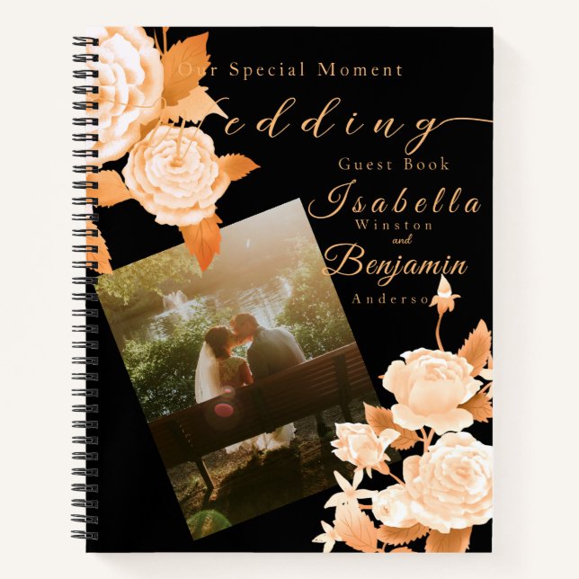 Wedding Gold Rose Black Wedding Photo Guest List Notebook (Front)