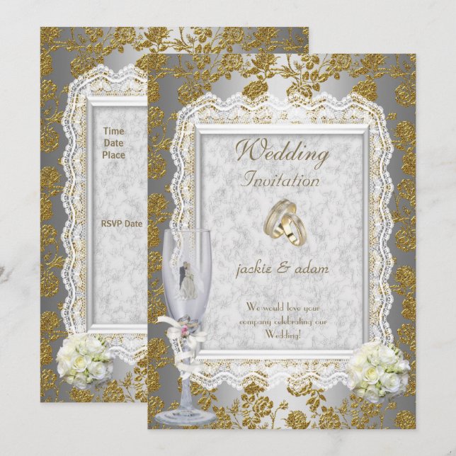 Wedding Gold  White Antique Lace Floral Rings Invitation (Front/Back)