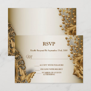 Wedding Golden Beige Floral Butterfly Vintage RSVP Card