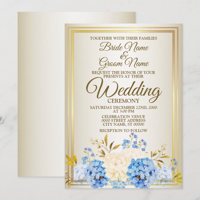 Wedding Golden Blue Yellow Floral Frame Rustic Invitation (Front/Back)