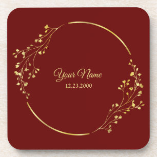 Wedding Golden Floral Geometric Wreath Red Party Coaster