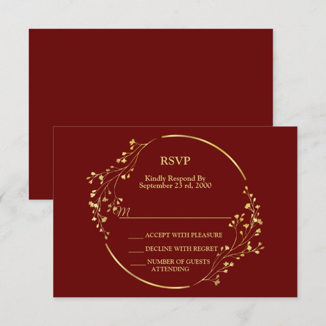 Wedding Golden Floral Geometric Wreath Red RSVP Card (Front/Back)