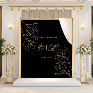 Wedding Golden Floral On Black Background Backdrop Tapestry