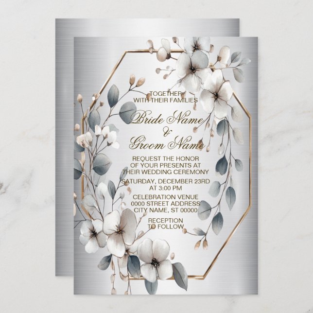Wedding Golden Frame White Flowers Watercolor  Invitation (Front/Back)