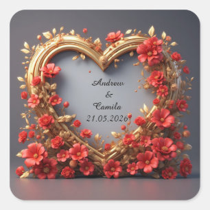 Wedding Golden Heart Frame Square Sticker