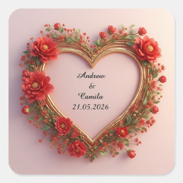 Wedding Golden Heart Frame Square Sticker (Front)