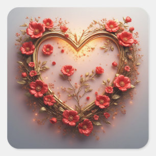 Wedding Golden Heart Frame Square Sticker