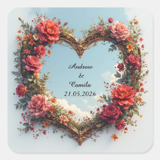 Wedding Golden Heart Frame Square Sticker (Front)