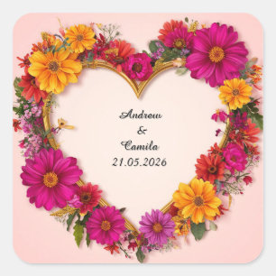 Wedding Golden Heart Frame Square Sticker
