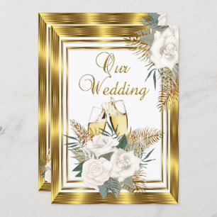 Wedding Golden White Rose Champagne Gold 2 Invitation