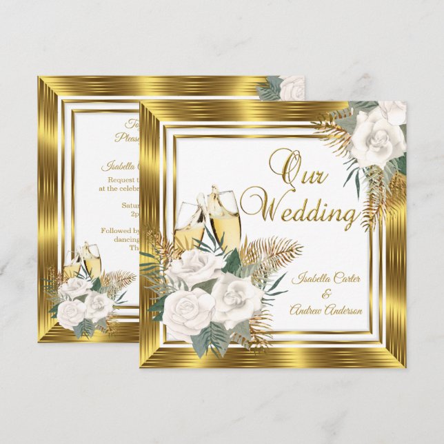 Wedding Golden White Rose Champagne Gold  Invitation (Front/Back)