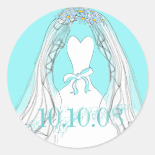 Wedding Gown and Veil Aqua and White Classic Round Sticker