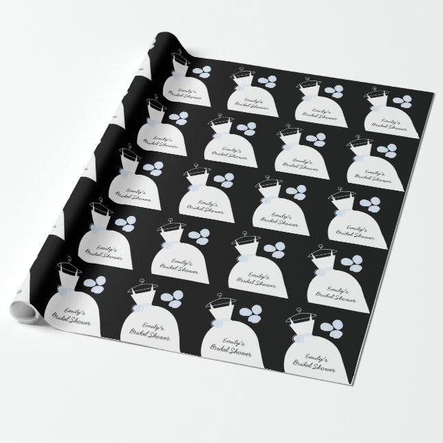 Wedding Gown Blue 'Bridal Shower' black Wrapping Paper (Unrolled)