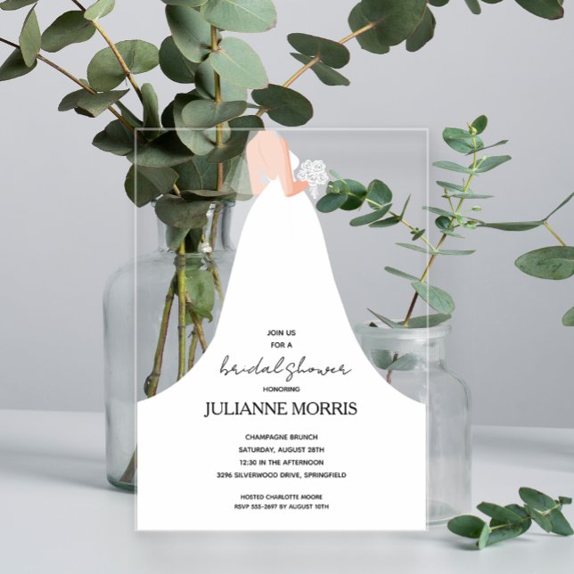 Wedding Gown Bridal Shower Acrylic Invitations (Bride in her wedding gown clear acrylic bridal shower invitations)