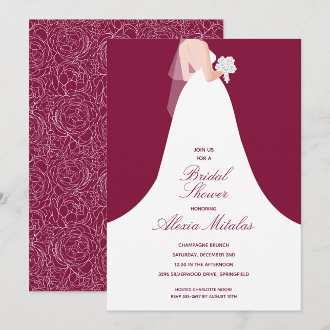 Wedding Gown Bridal Shower Cranberry Invitation (Front/Back)