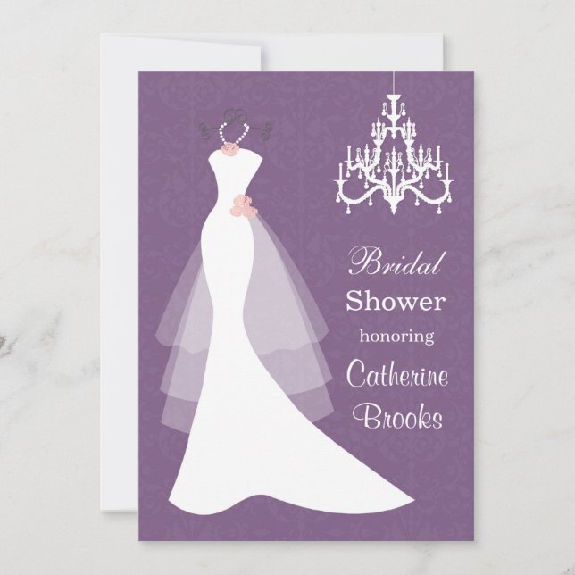 Wedding gown, Chandelier on purple Bridal shower Invitation (Front)