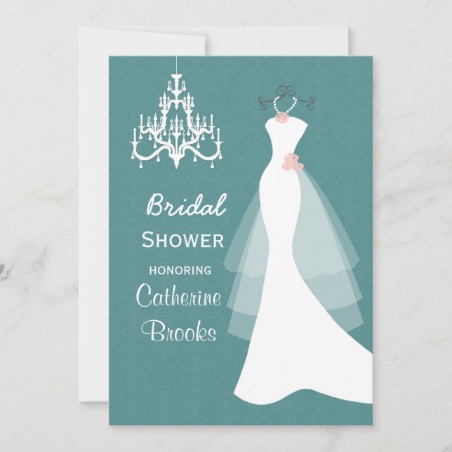 Wedding gown, Chandelier  on teal Bridal shower Invitation (Front)